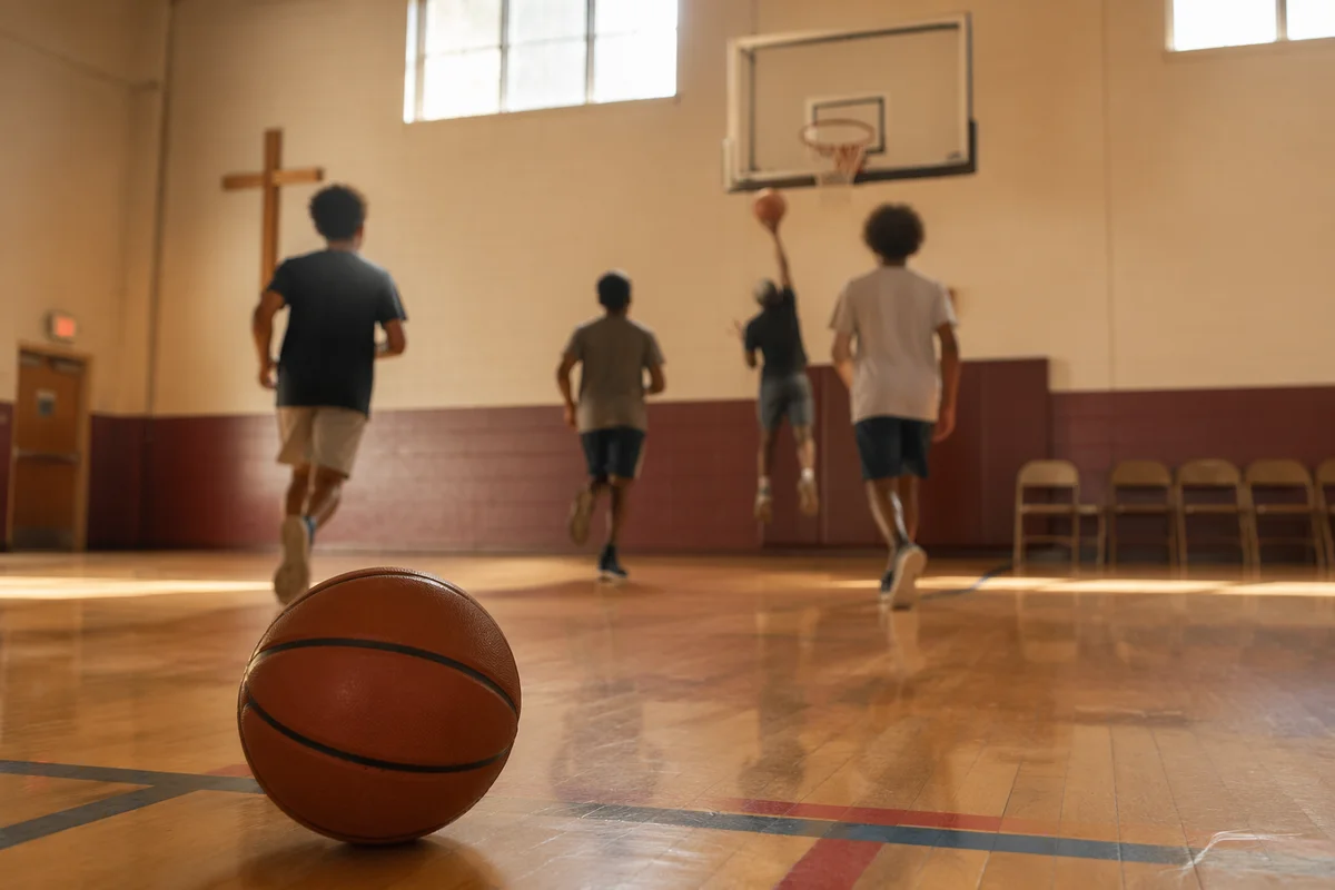 Youth Basketball Practice in Church Gymnasium