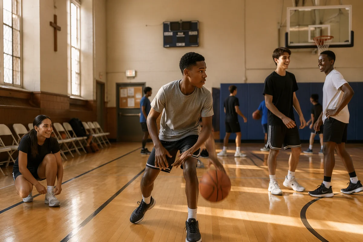 Teen Basketball Practice in Church Gymnasium