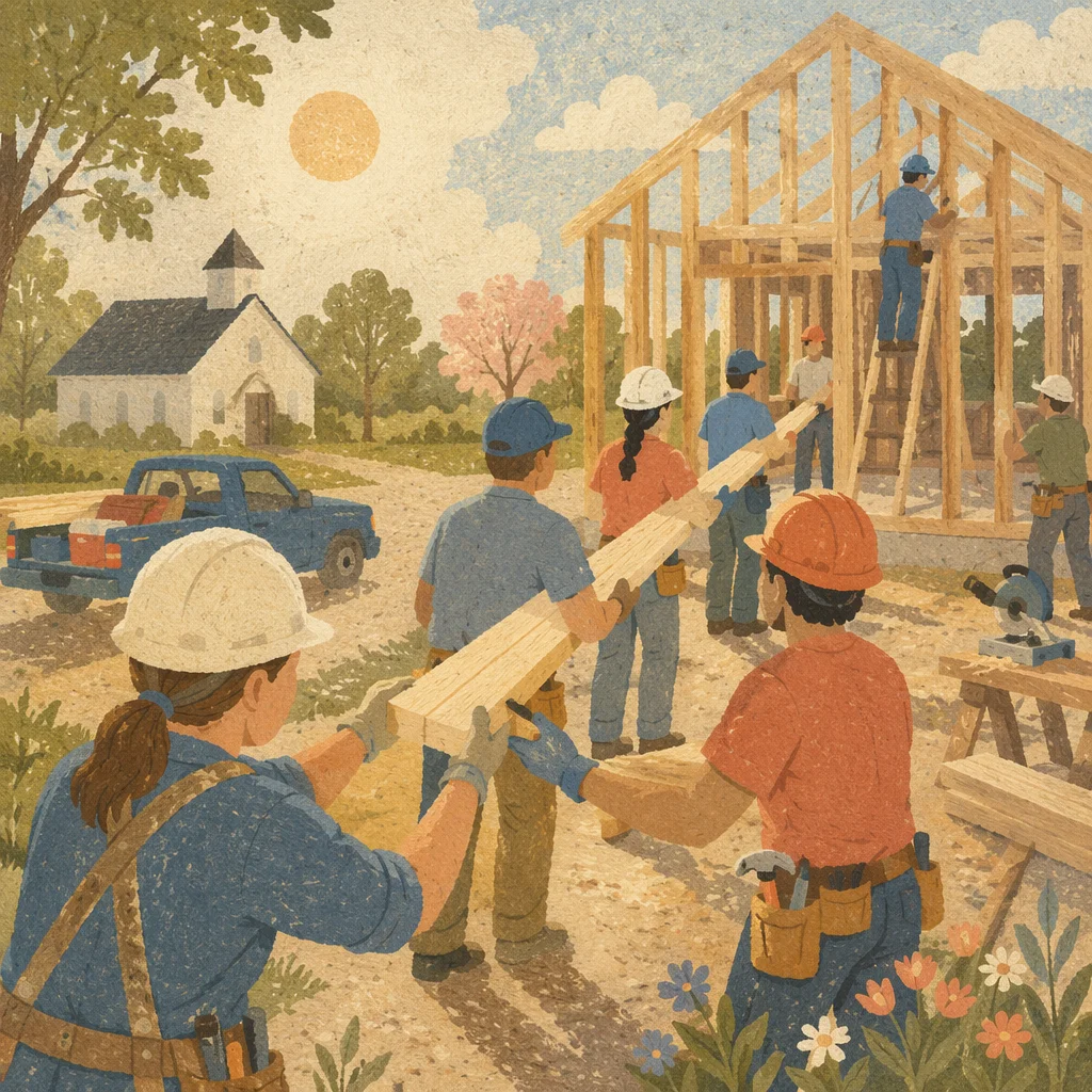 Church Volunteers Building Home at Sunrise