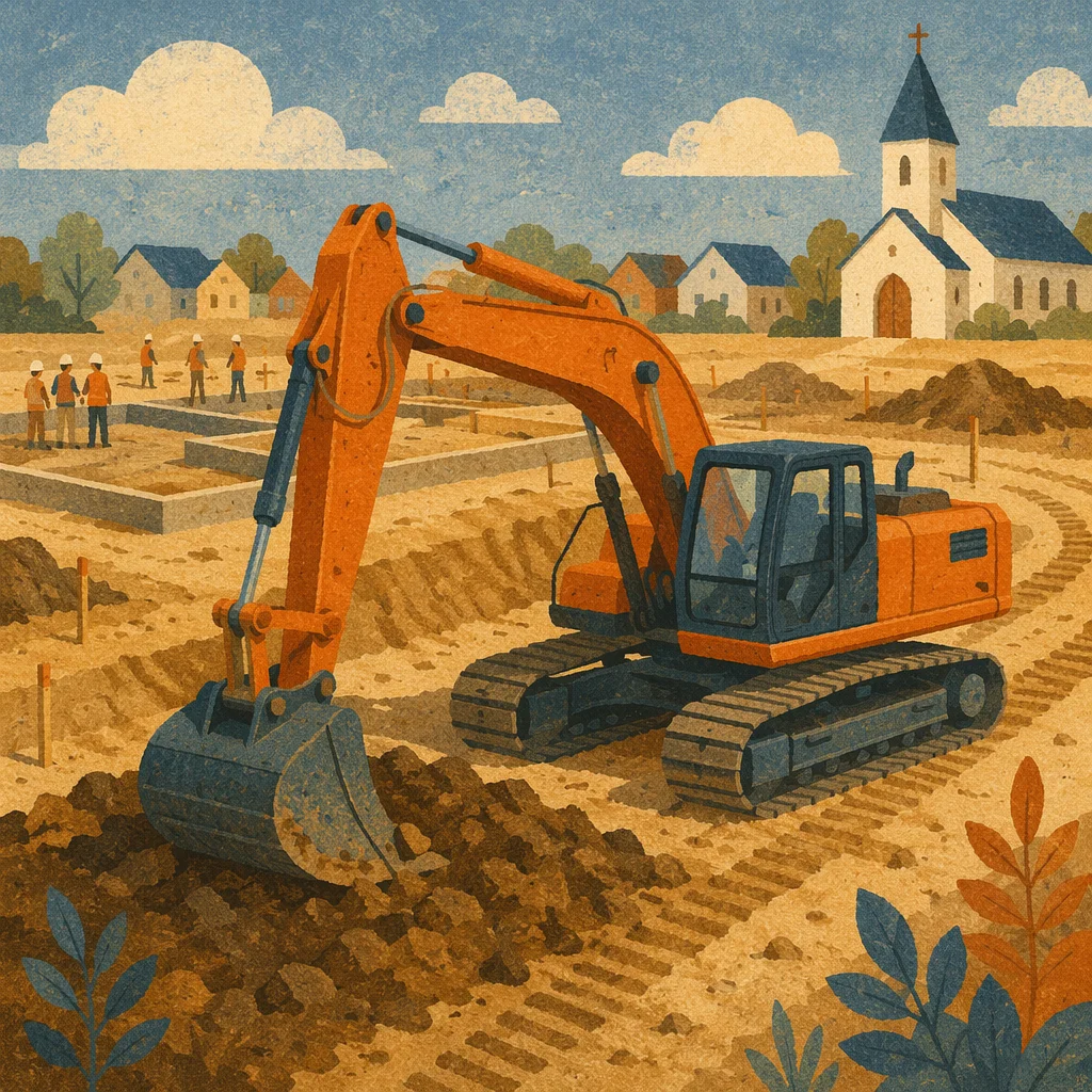 Church Habitat Build Excavator at Sunset