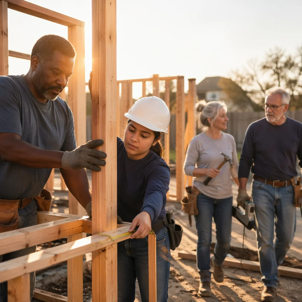 Volunteers Building Family Home at Sunrise