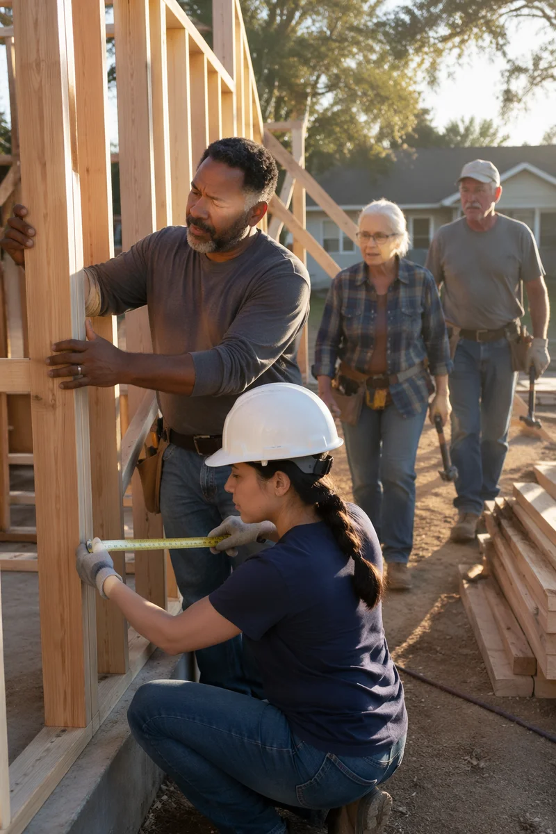 Volunteers Building Family Home at Sunrise