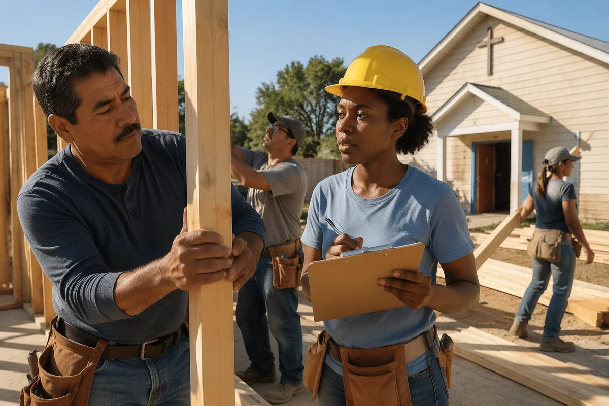 Volunteers Raising Timber Frame Near Church