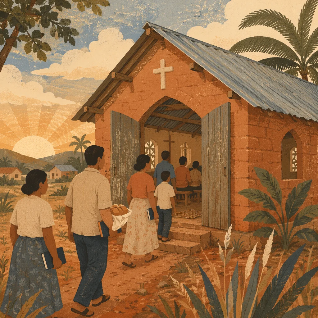 Village Church Gathering at Sunrise