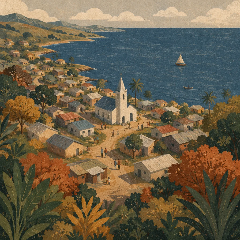 Rural Lakeside Village Church at Sunset