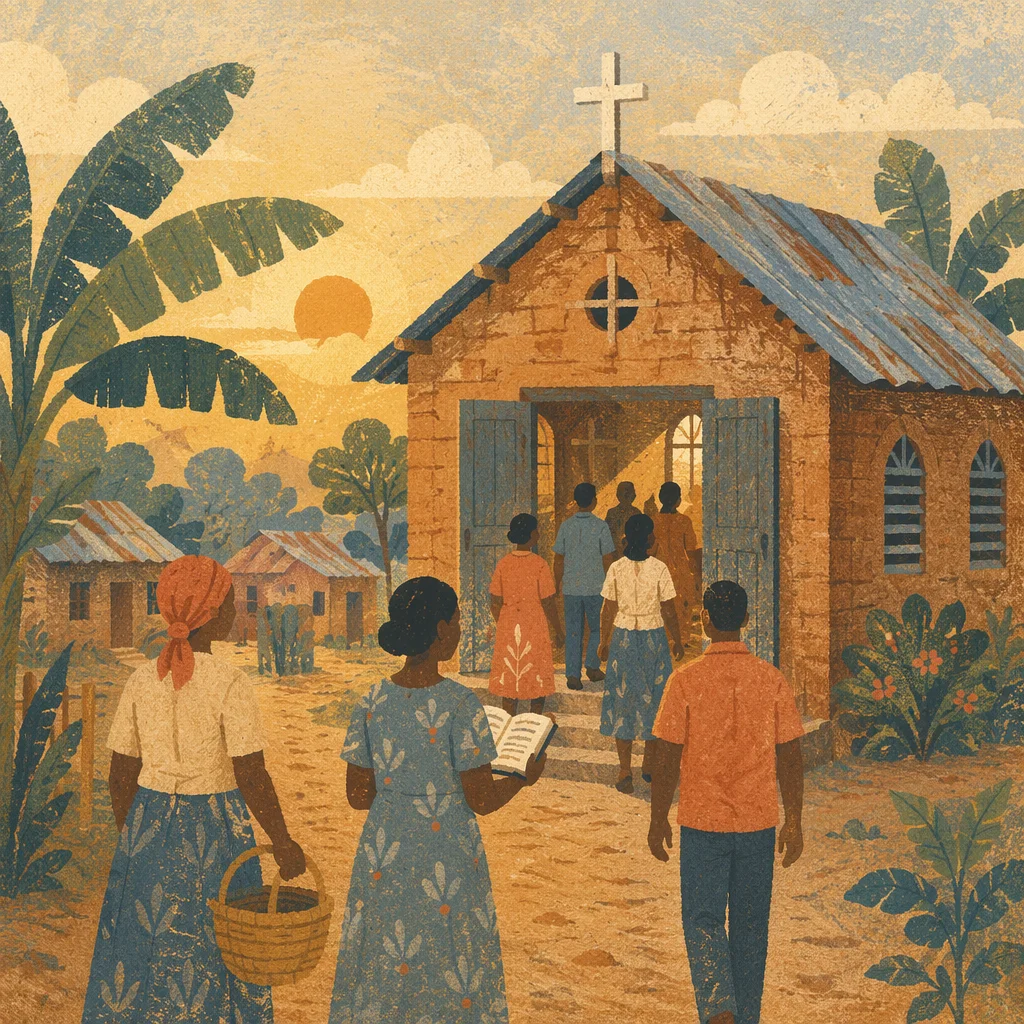 Village Church at Dawn in Warm Light