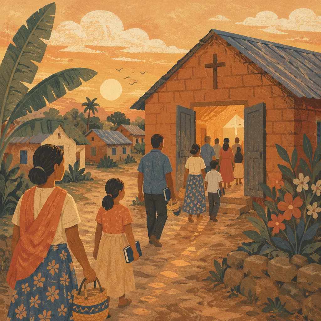 Village Church Gathering at Golden Hour