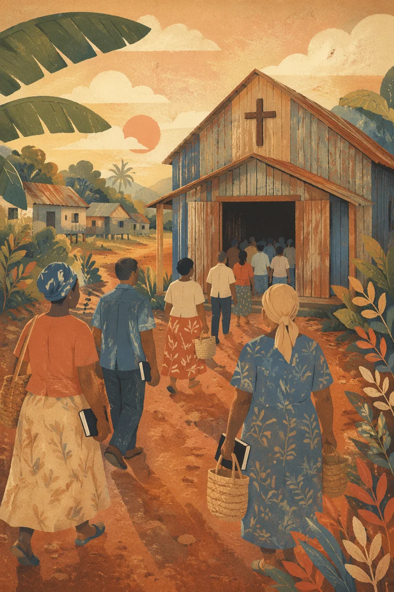 Rural Village Church with Hopeful Congregants
