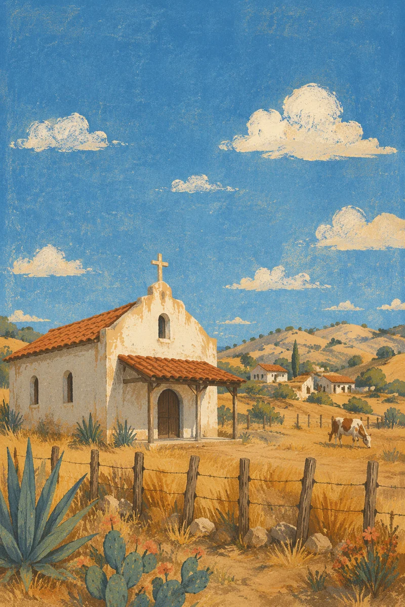 Rural Village Chapel Under Bright Blue Sky