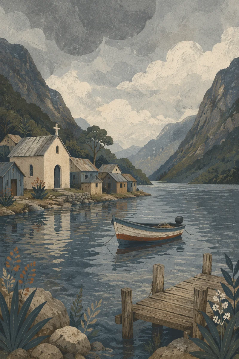 Rural Lakeside Church in Mountain Village