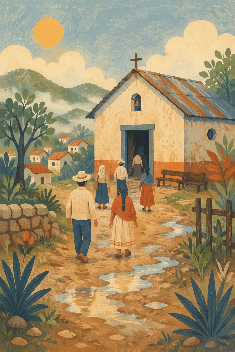 Peaceful Rural Village Church at Sunrise