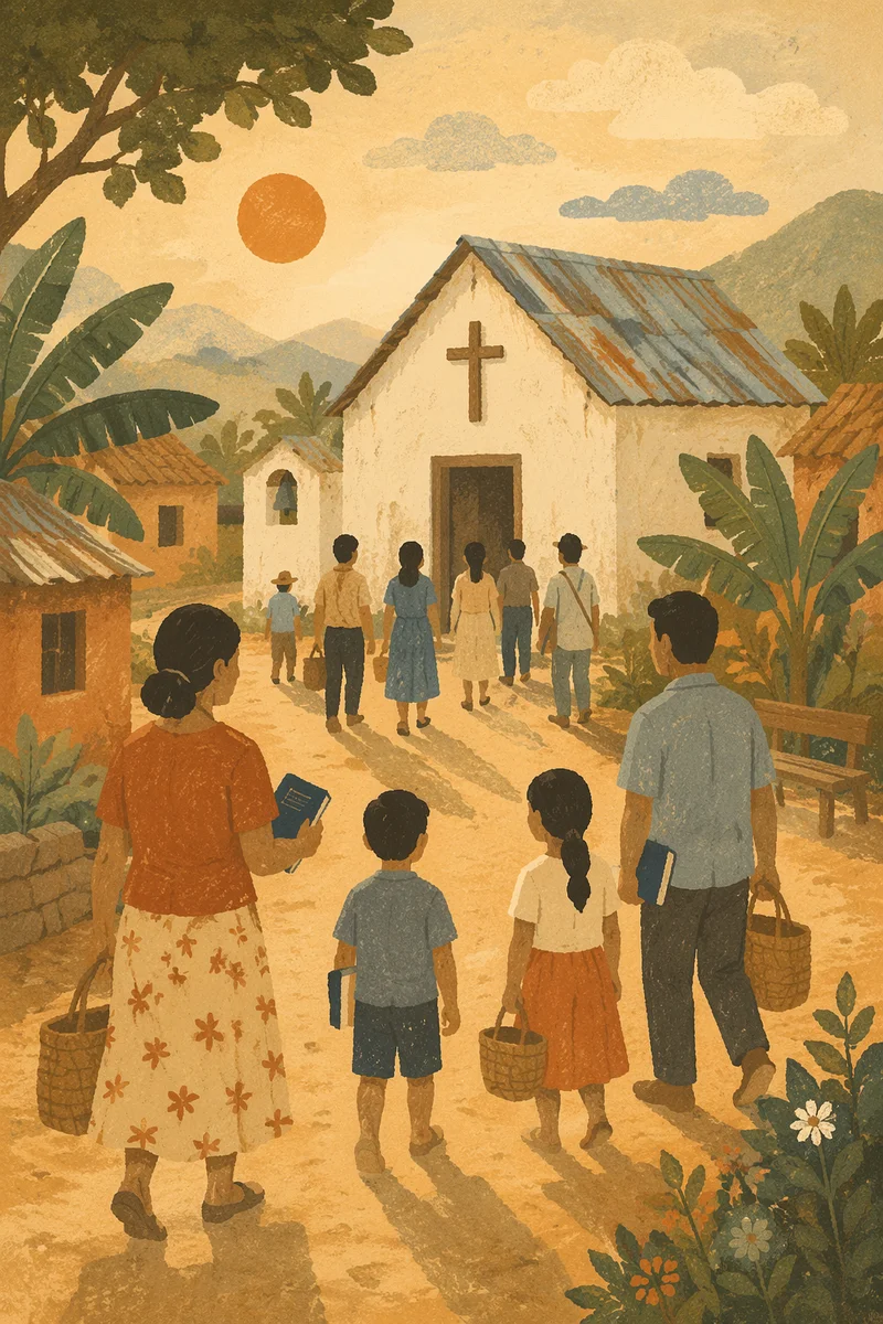 Village Church Gathering at Sunrise