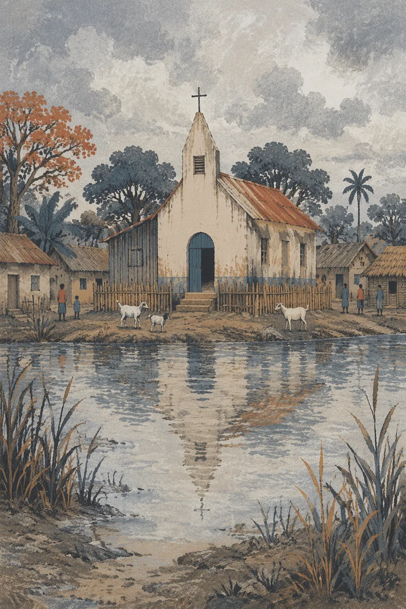 Rural Village Church Across Quiet Pond