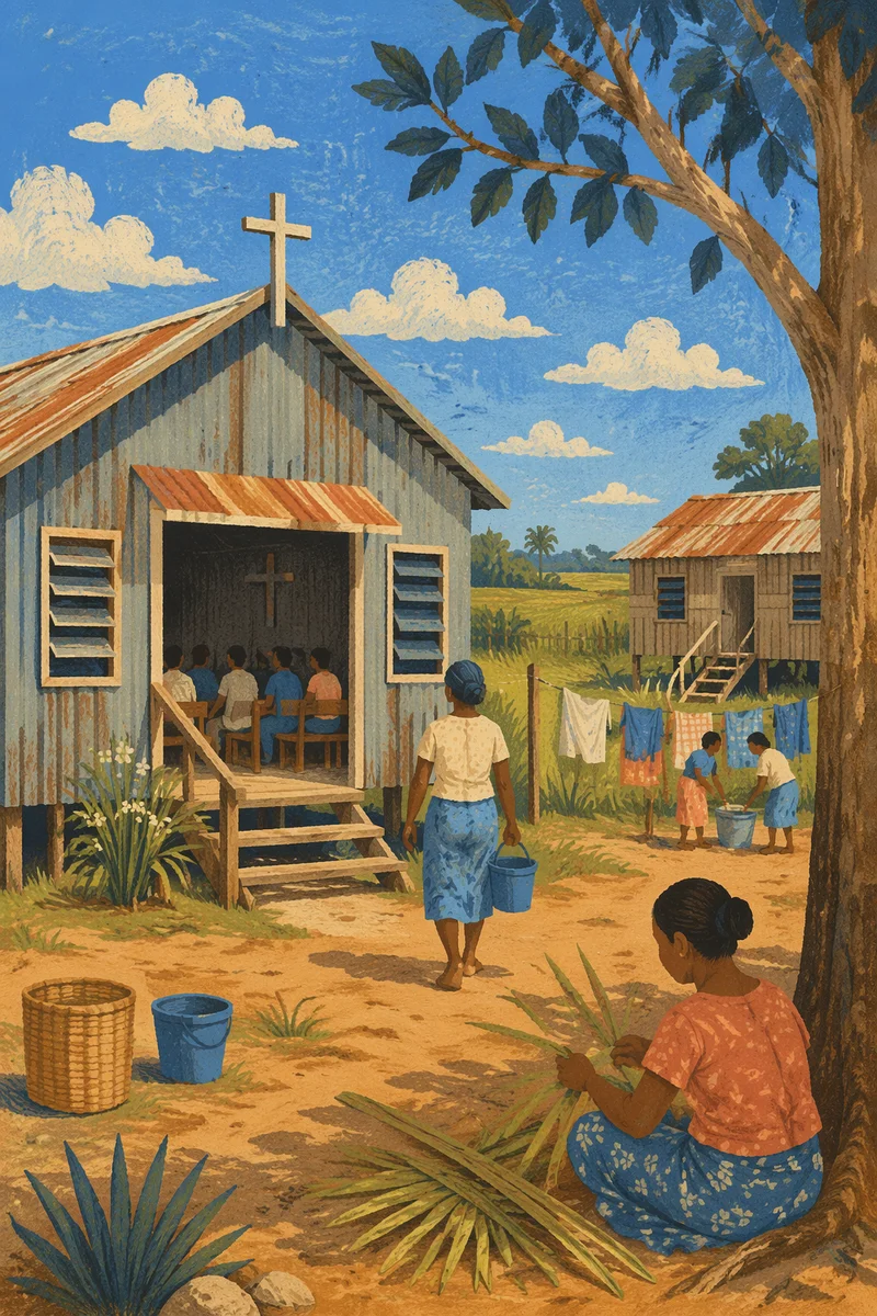Rural Village Church Under Clear Sky