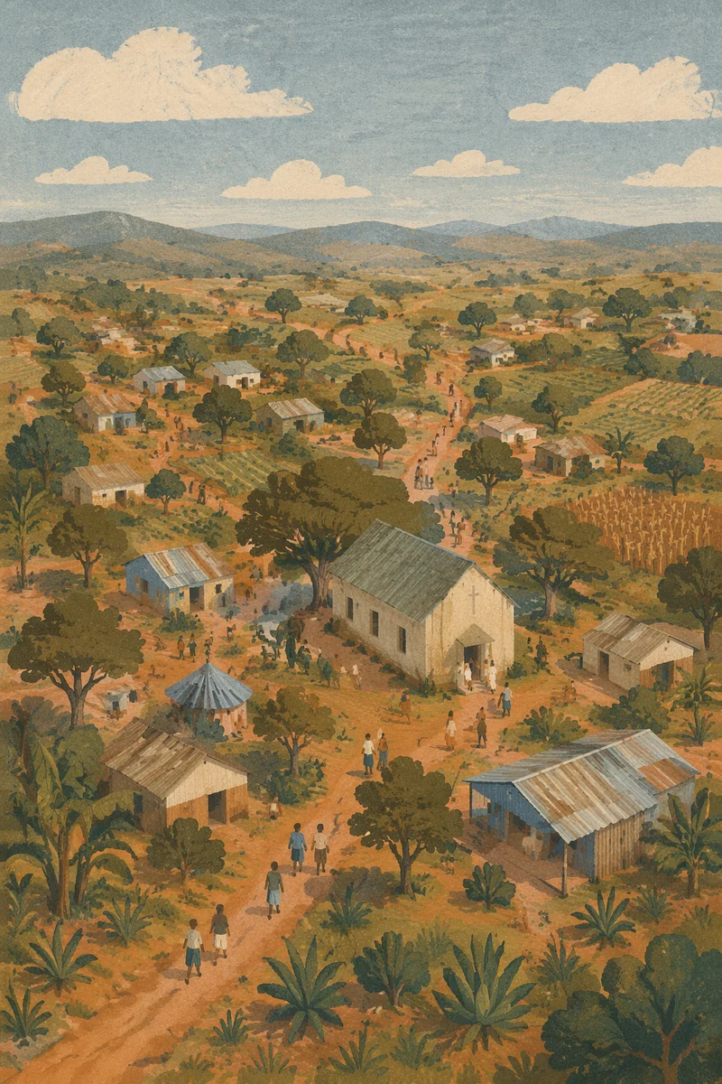 Aerial Rural Village Church in Green Landscape