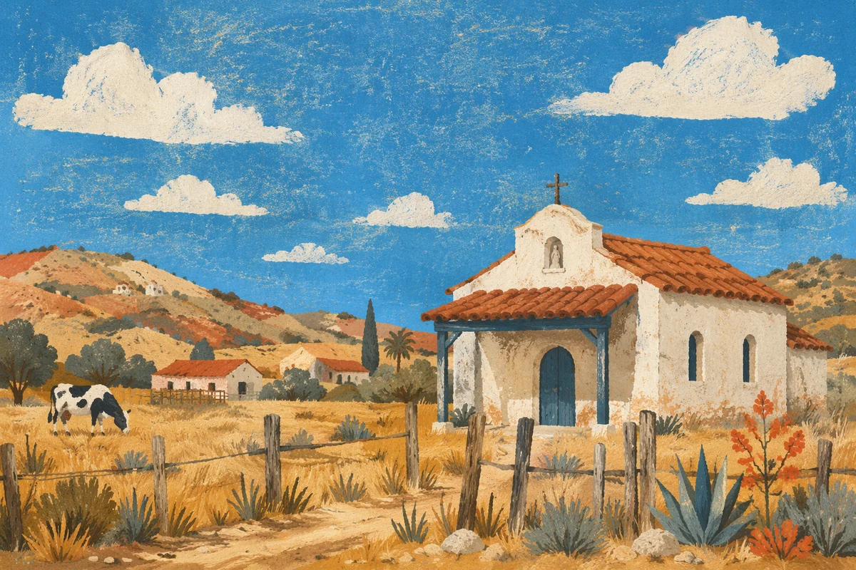 Rural Village Chapel Under Bright Blue Sky