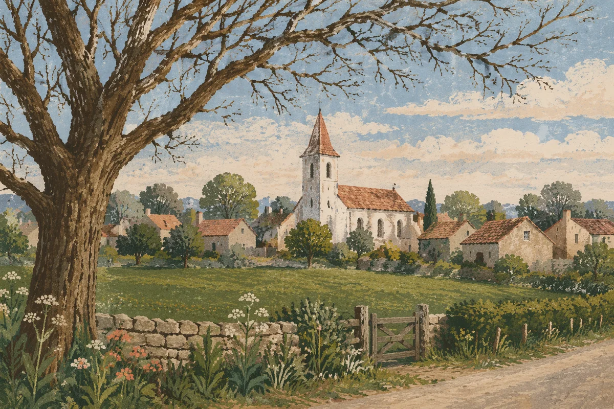 Rural Village Church Across Green Field