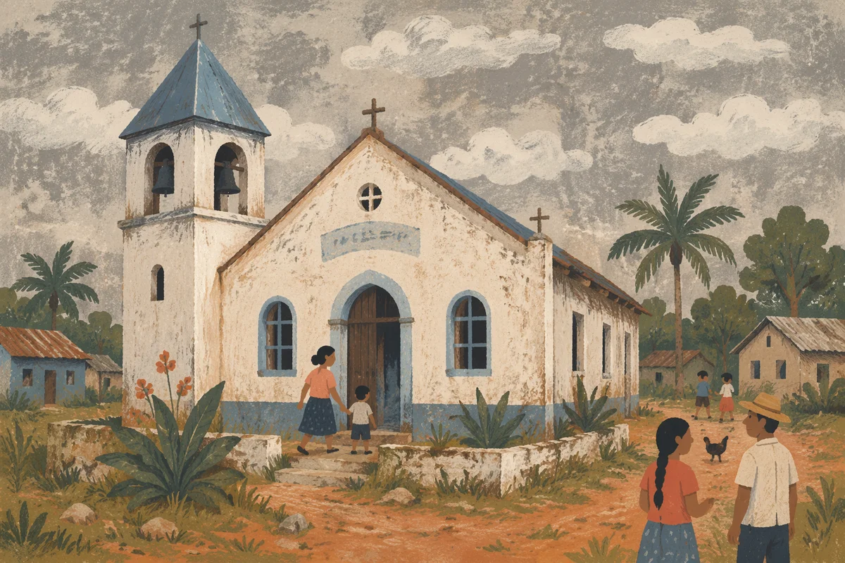 Humble Rural Village Church Under Overcast Sky