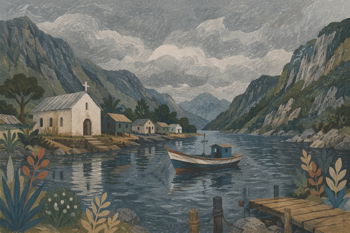 Rural Lakeside Church in Mountain Village