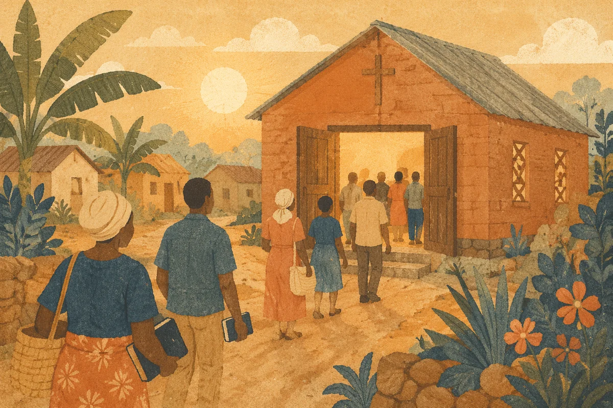 Village Church Gathering at Golden Hour