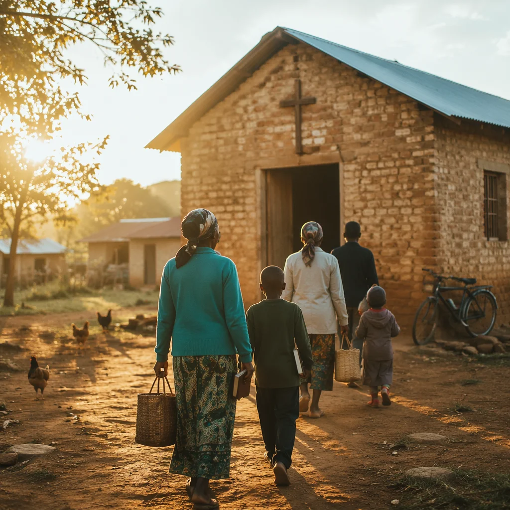 Rural Village Church at Golden Sunrise