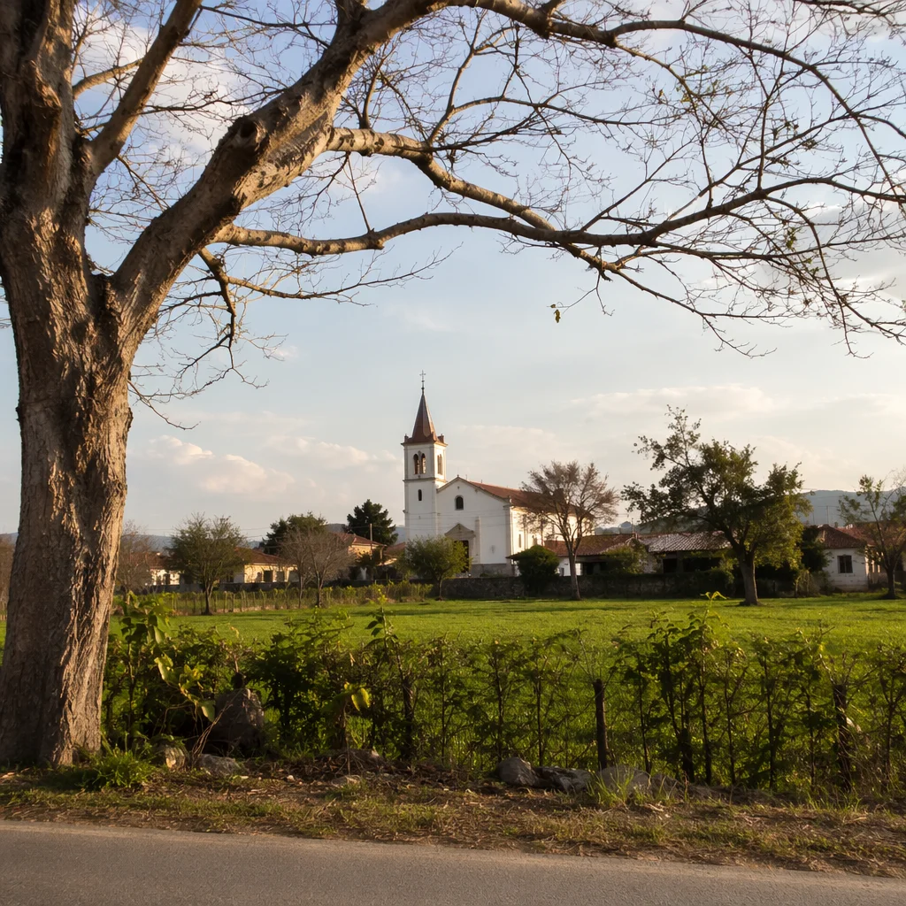 Rural Village Church Across Green Field