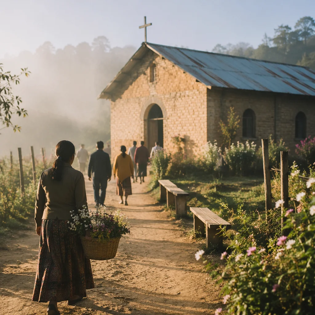 Peaceful Village Church at Morning Light