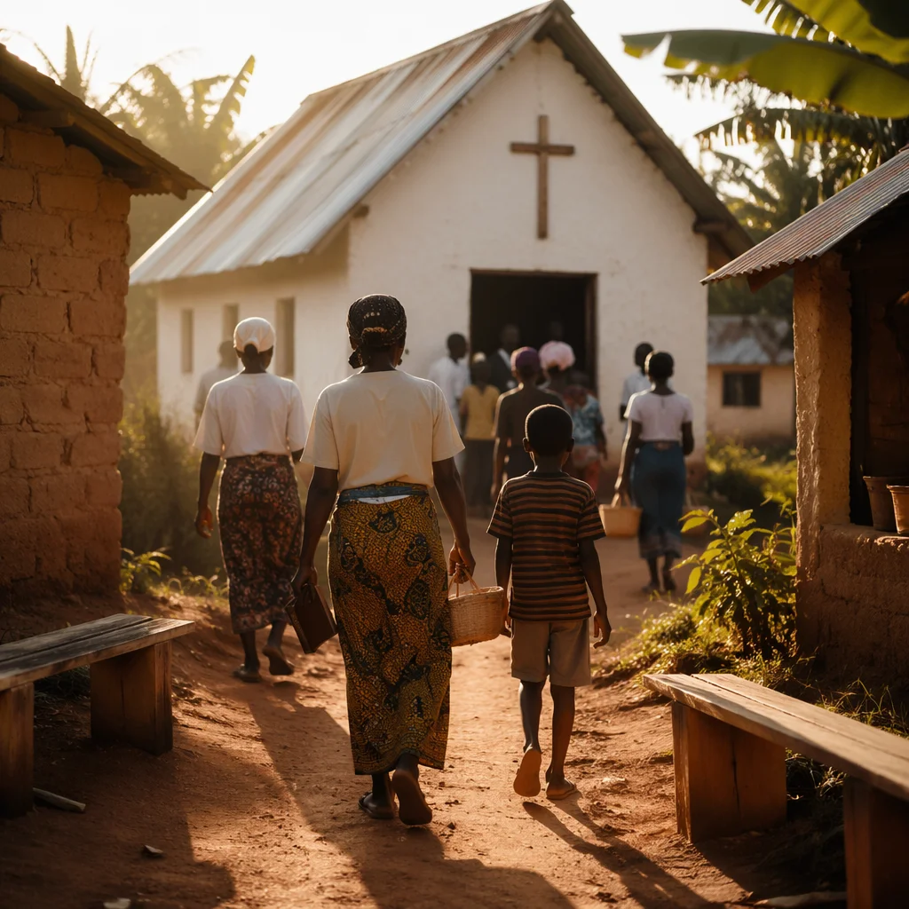 Village Church Gathering at Sunrise