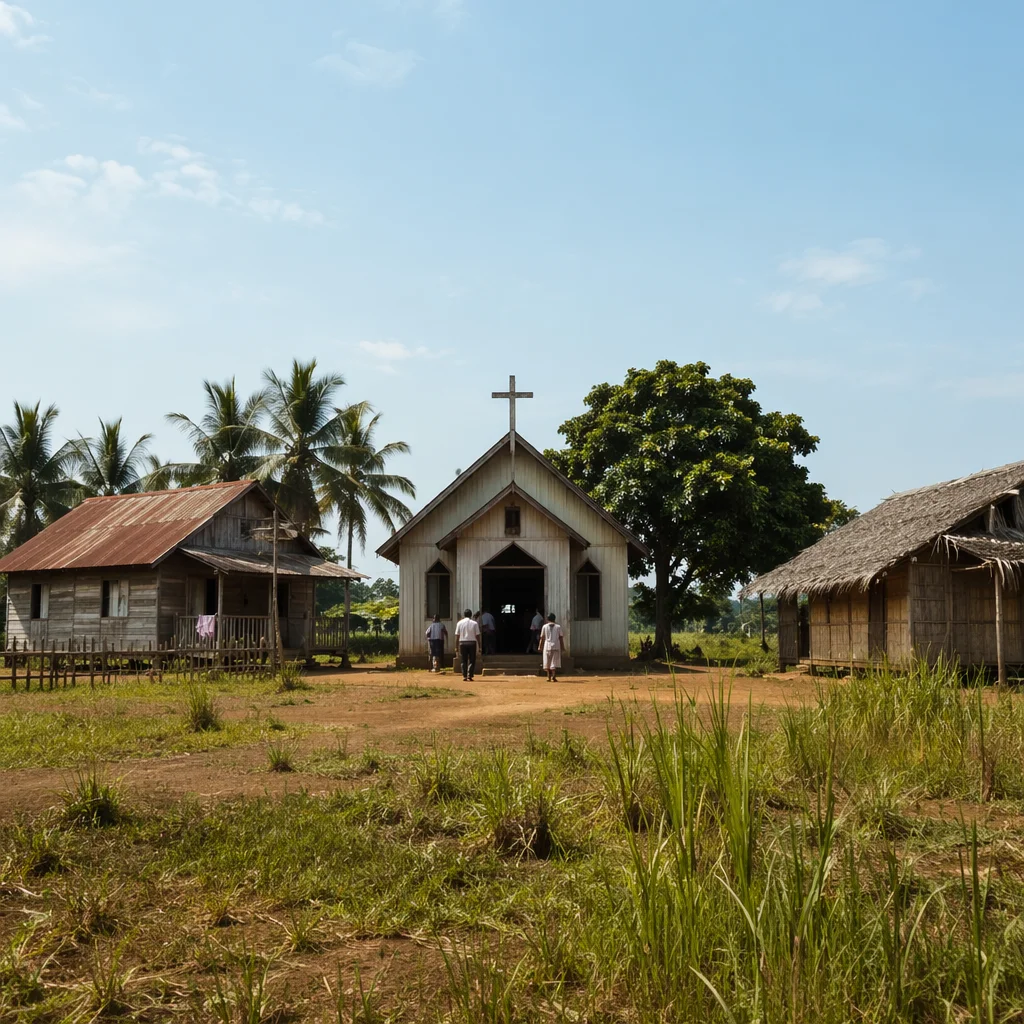 Rural Village Church Under Midday Sky