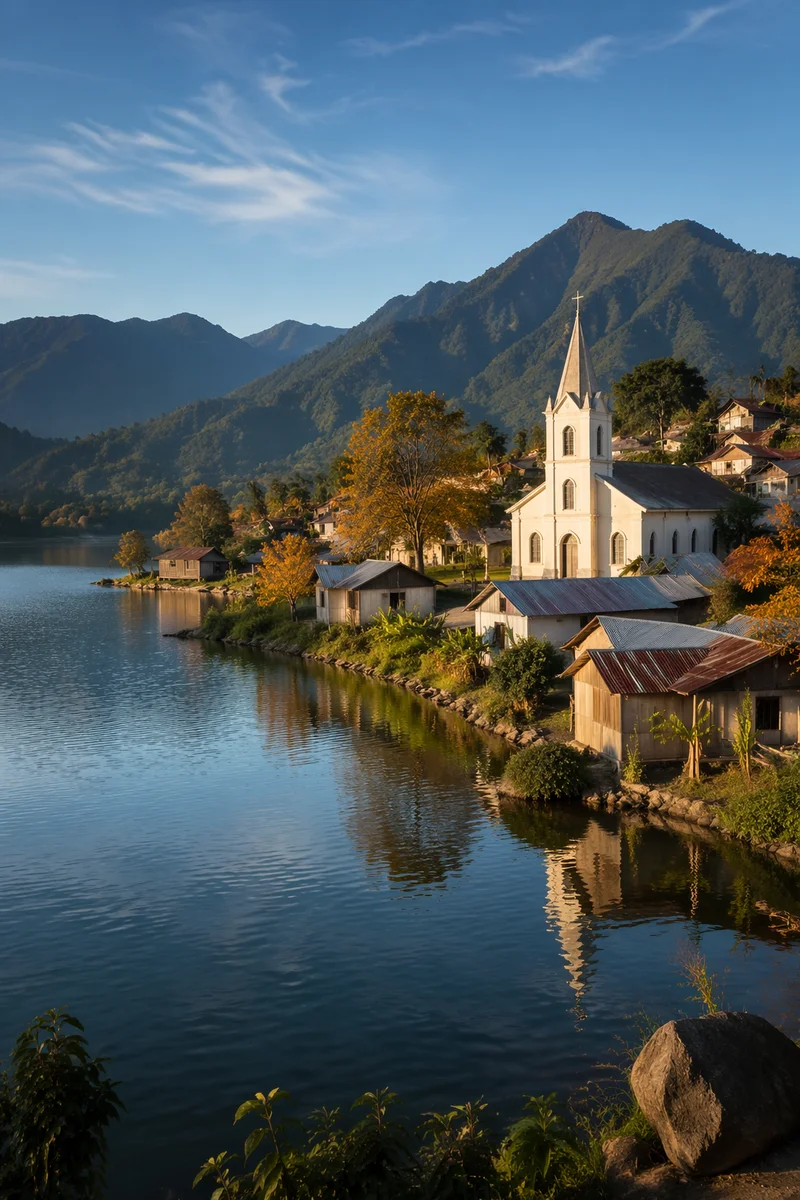 Mountain Village Church Beside Peaceful Lake