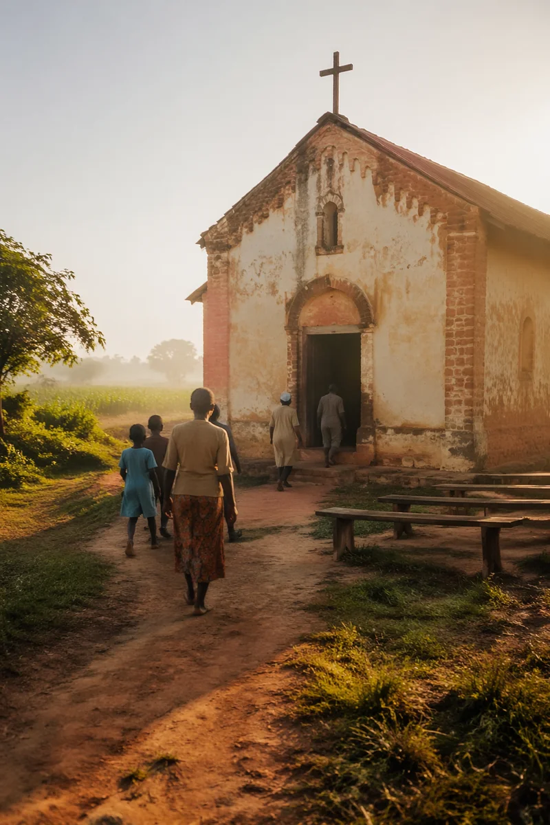 Rural Village Church in Morning Mist