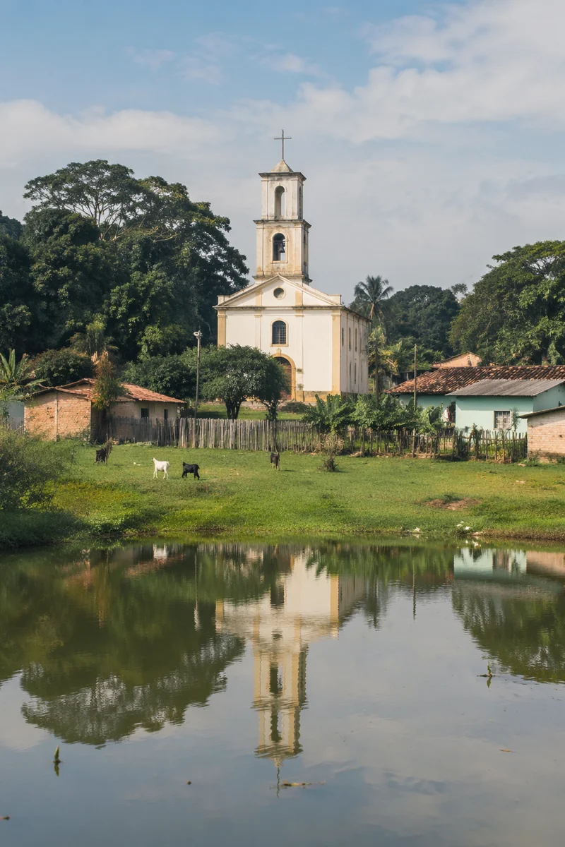 Rural Village Church Beside Reflective Pond