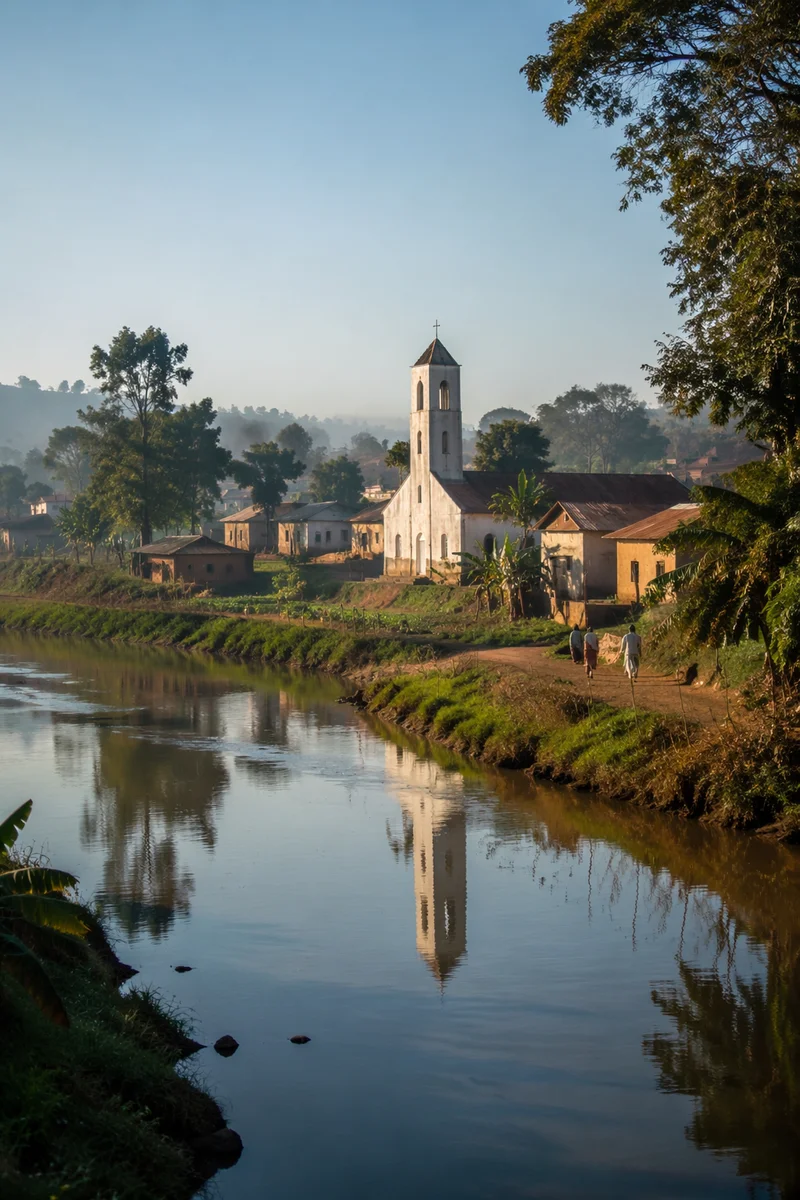 Rural Village Church by a Quiet River