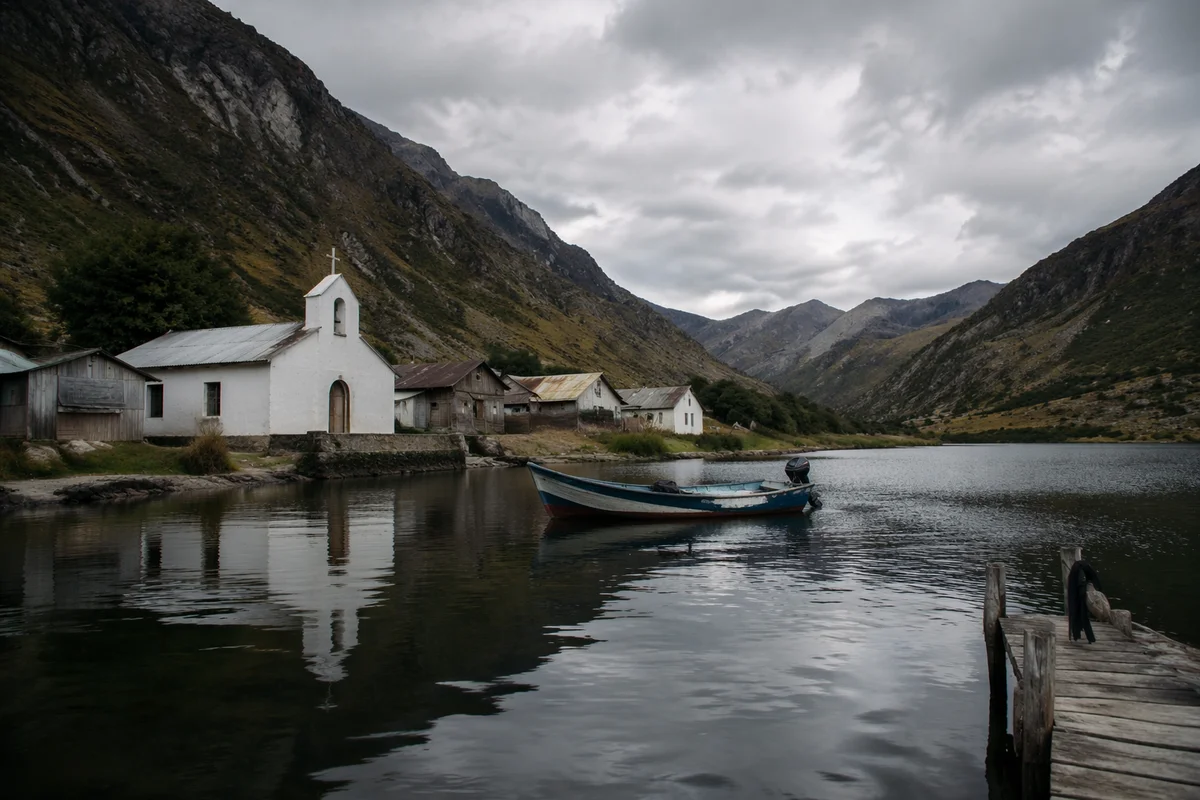 Rural Lakeside Church in Mountain Village