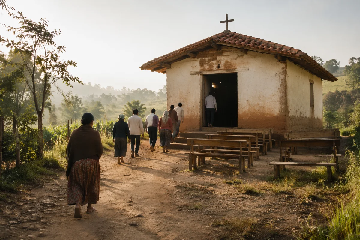 Hopeful Village Church in Morning Mist