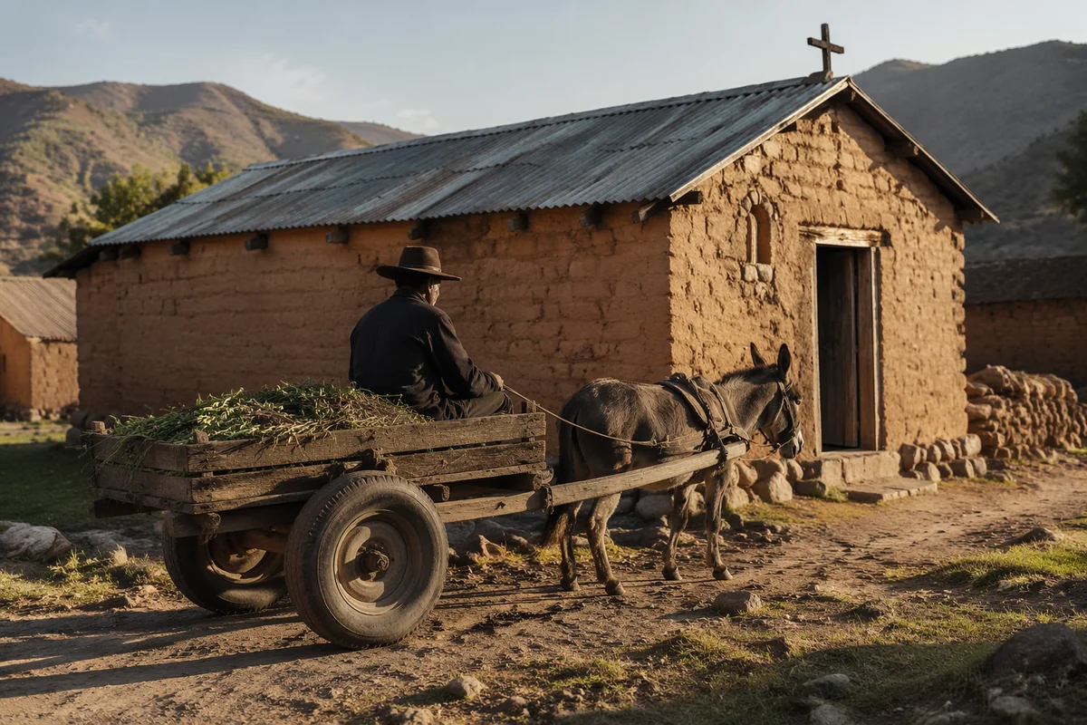 Rural Village Chapel Beside Donkey Cart