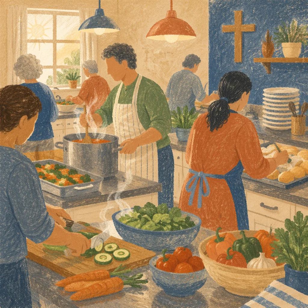 Church Kitchen Volunteers Preparing Fellowship Meal