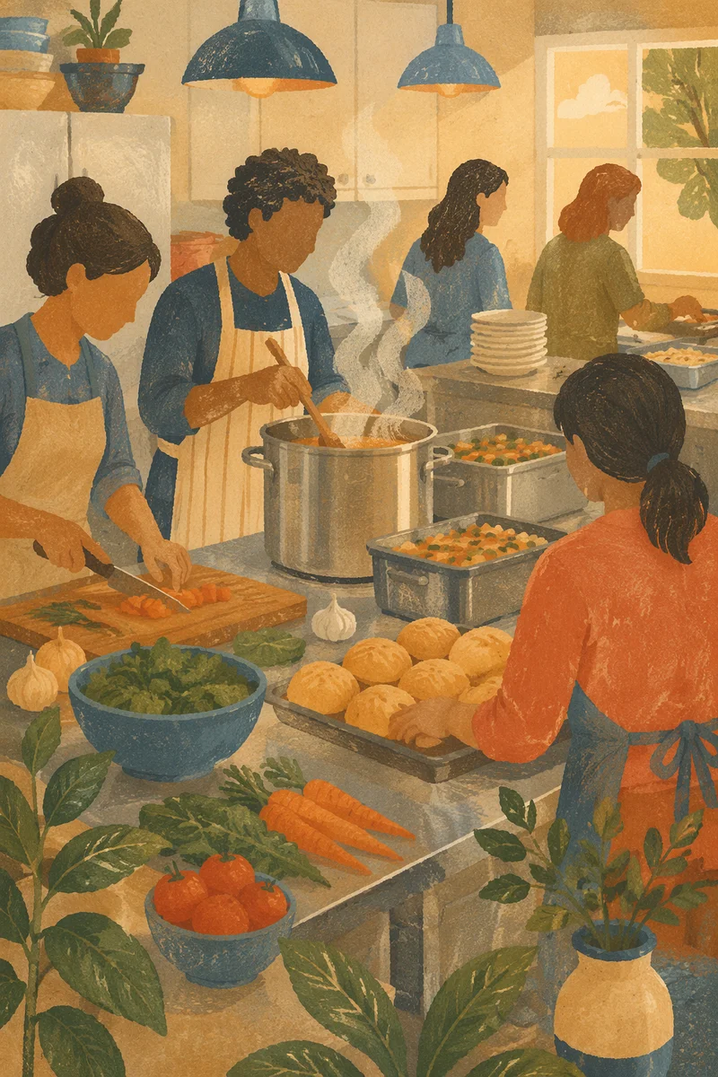 Church Kitchen Volunteers Preparing Fellowship Meal