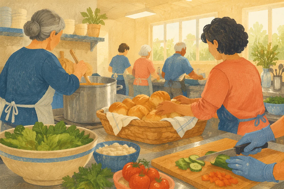 Church Kitchen Volunteers Preparing Fellowship Meal