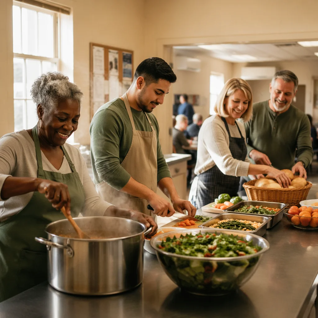 Church Kitchen Volunteers Preparing Shared Meal