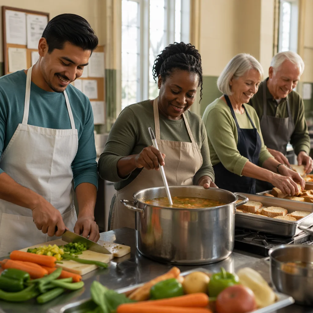 Church Kitchen Volunteers Preparing Community Meal