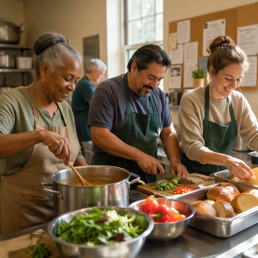 Church Kitchen Volunteers Preparing Meal Together
