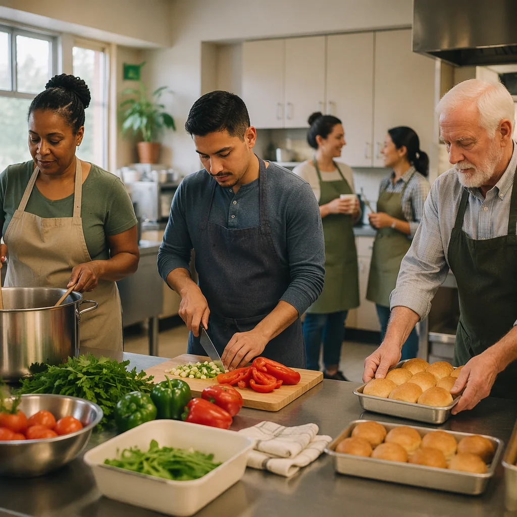 Volunteers Preparing Meal in Bright Kitchen