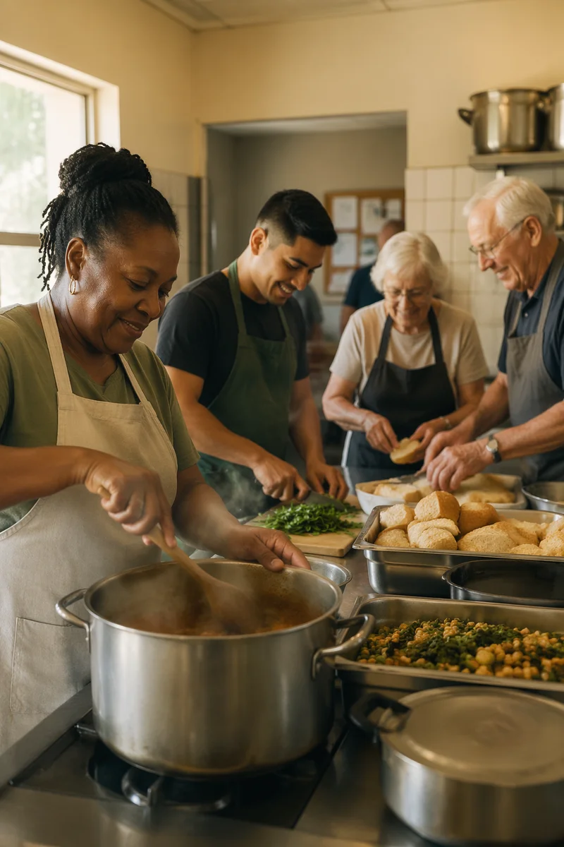 Volunteers Preparing Meal in Church Kitchen