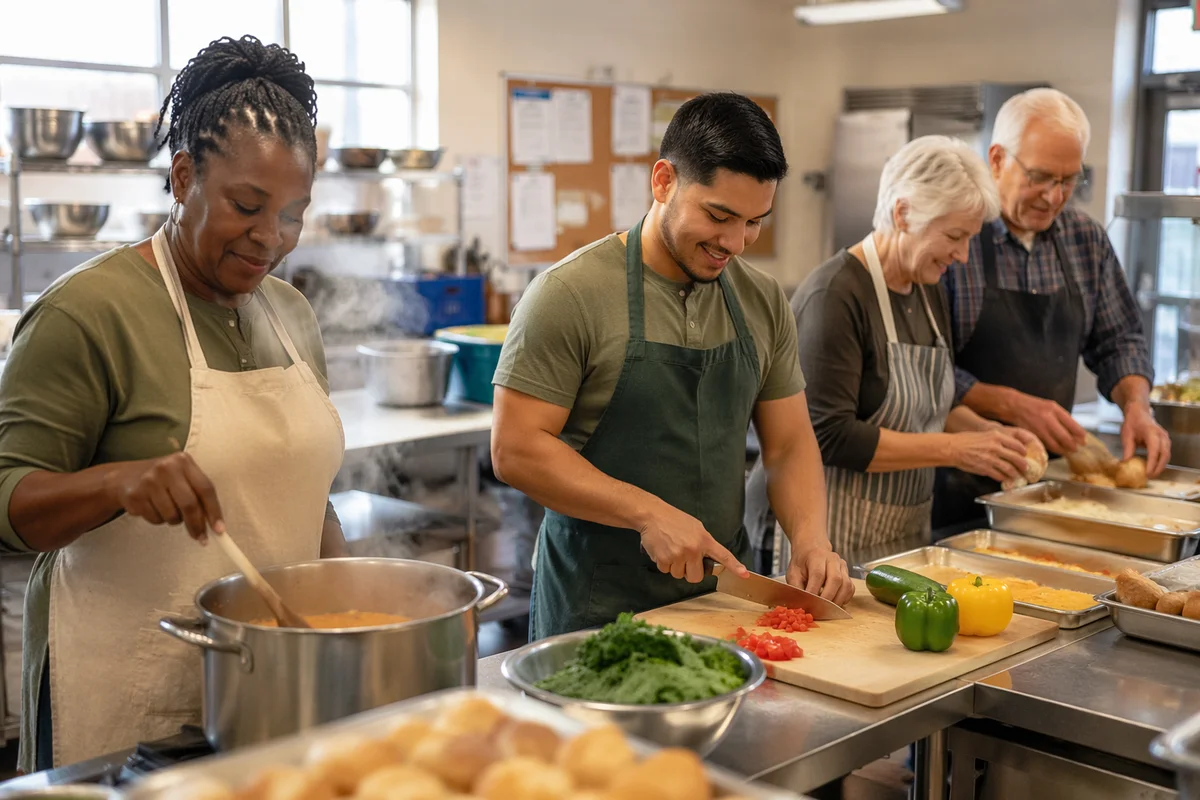 Church Volunteers Preparing Meal in Kitchen