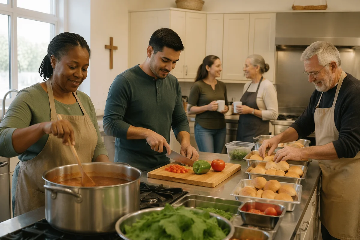 Volunteers Preparing Meal in Bright Kitchen