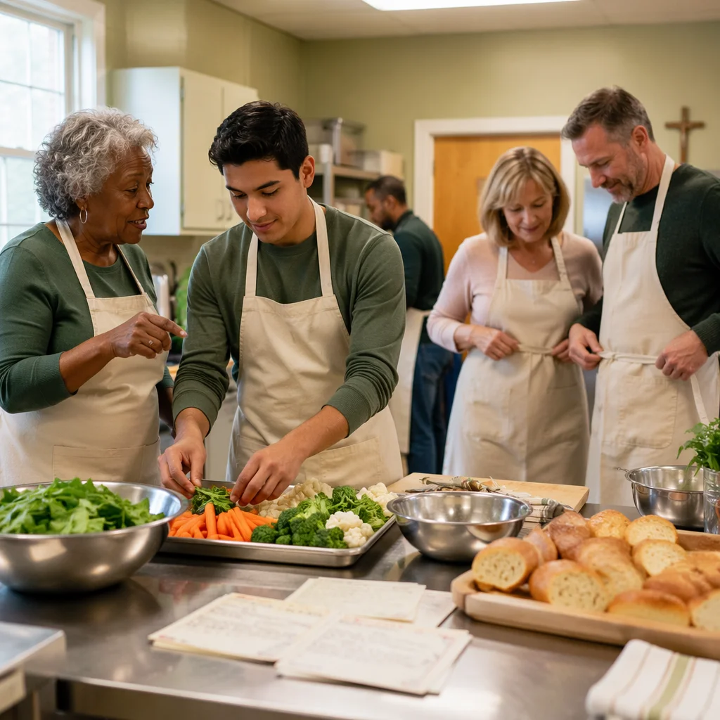 Volunteers Preparing Meal in Fellowship Hall Kitchen