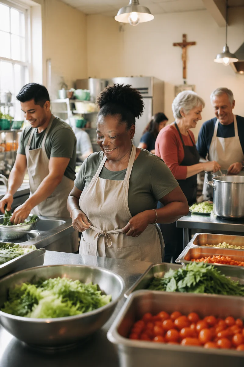 Volunteers Preparing Meal in Parish Kitchen