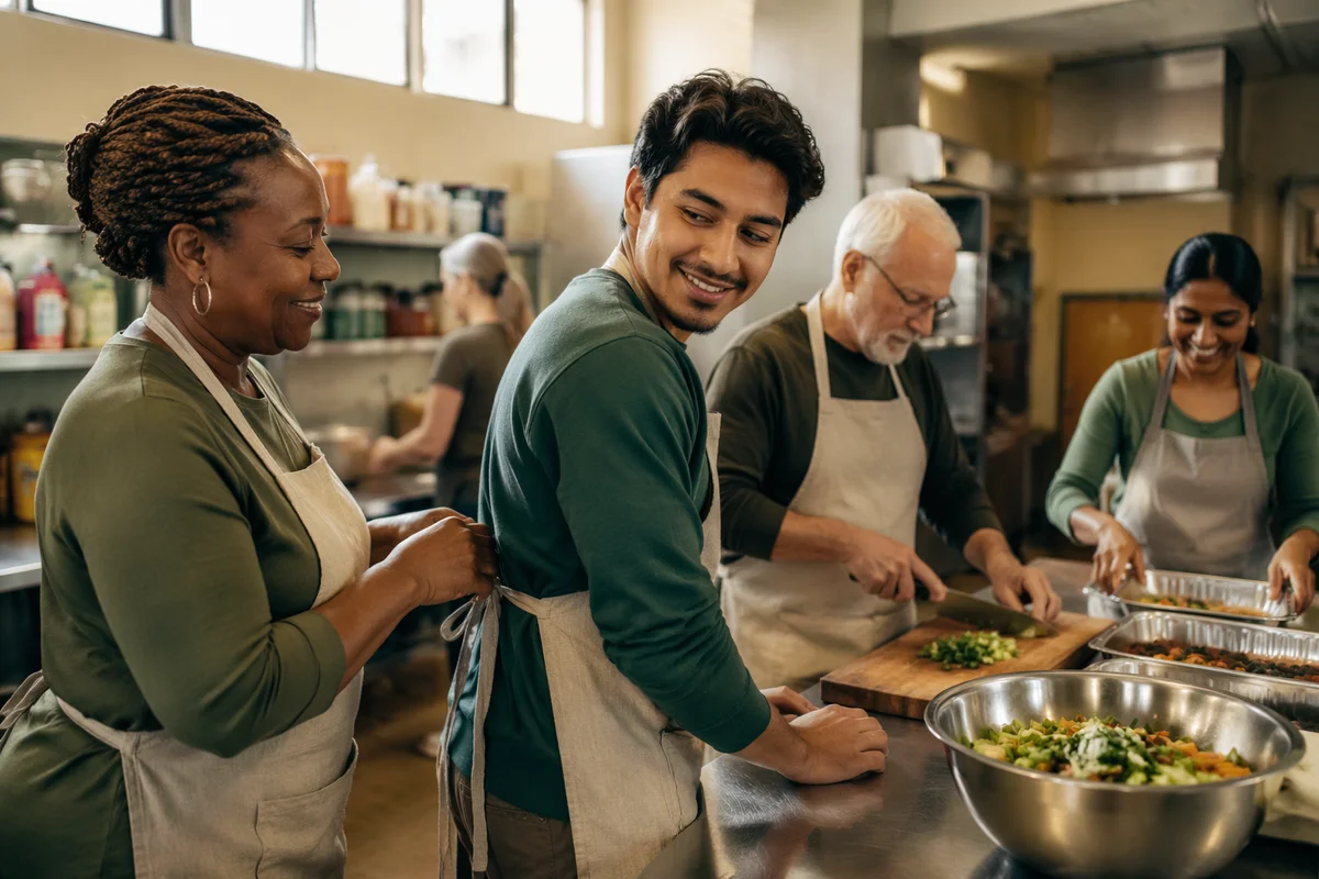 Volunteers Preparing Meal in Bright Kitchen