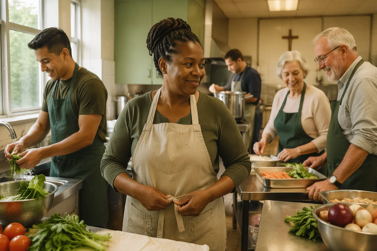 Volunteers Preparing Meal in Parish Kitchen